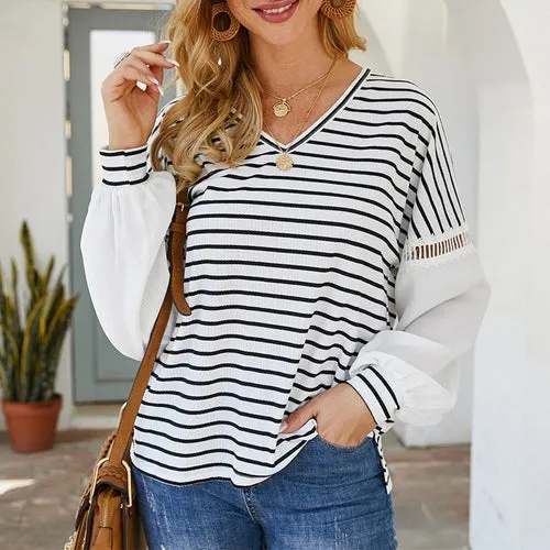V-neck Patchwork Striped Blouse