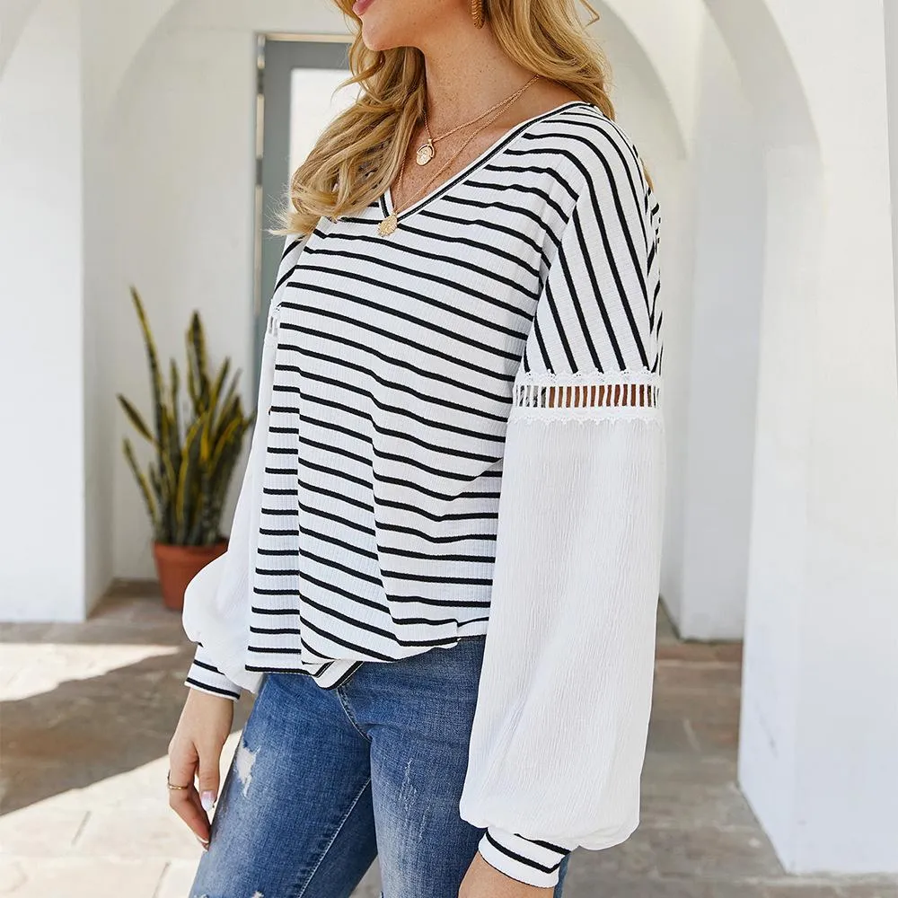 V-neck Patchwork Striped Blouse