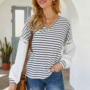 V-neck Patchwork Striped Blouse