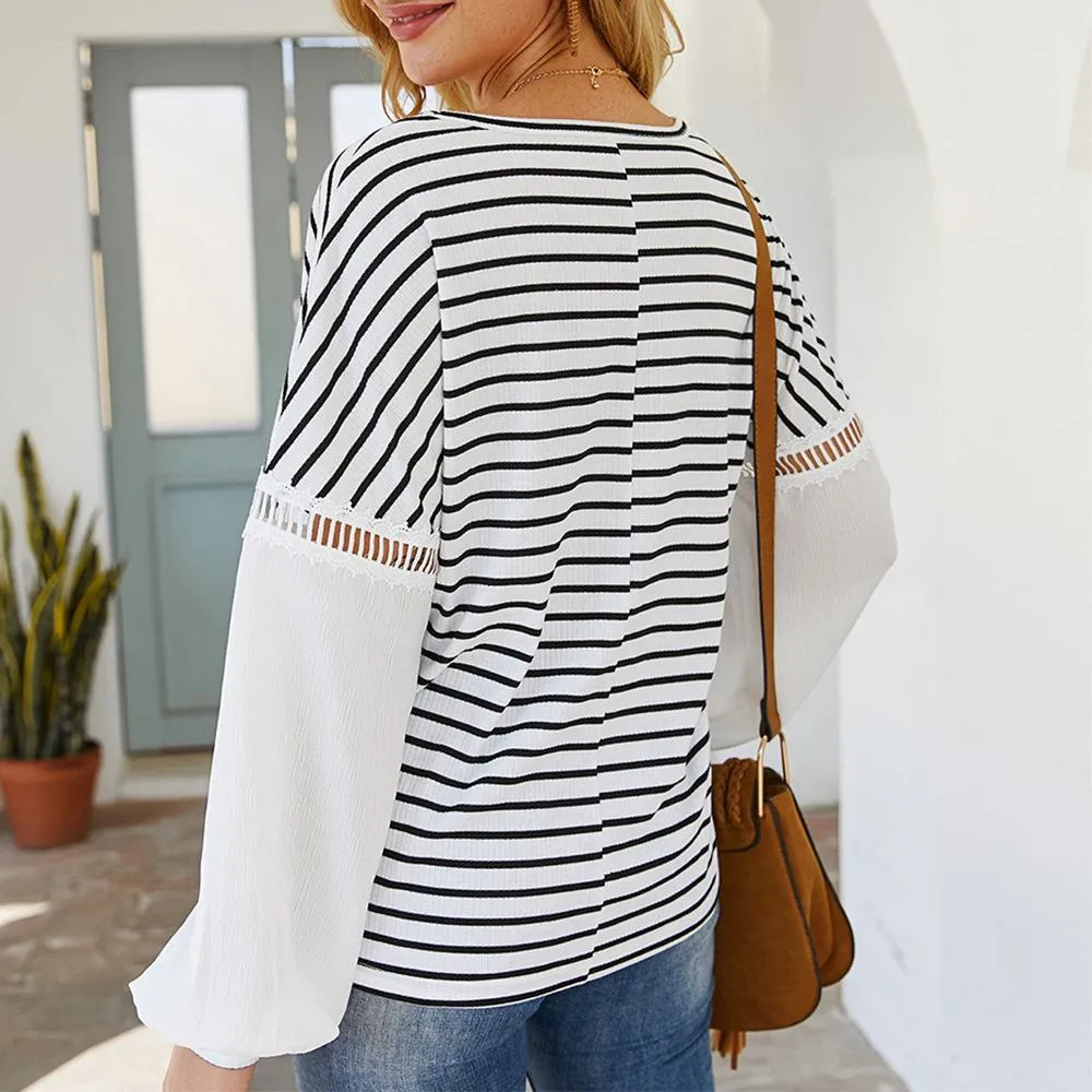 V-neck Patchwork Striped Blouse