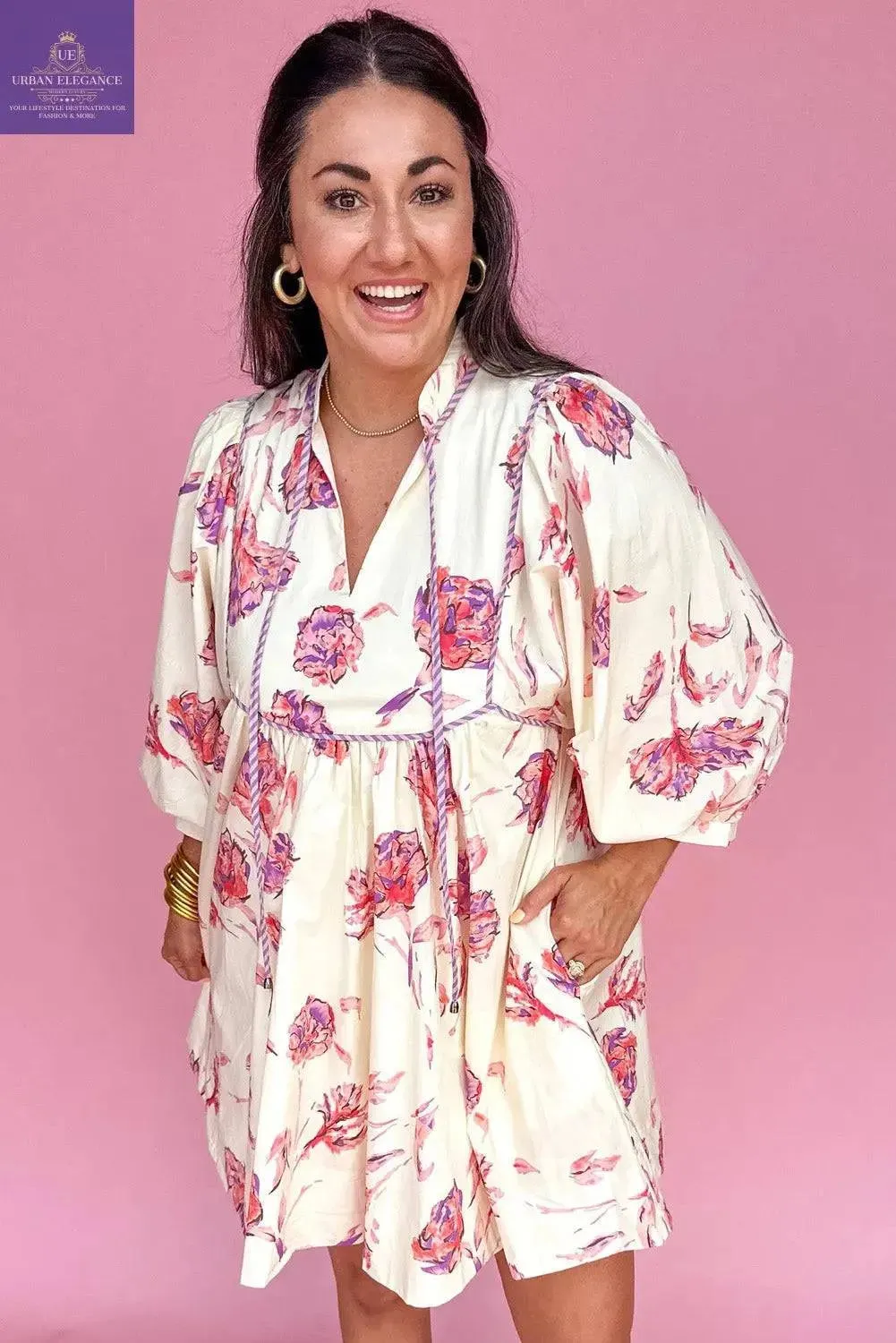 White Floral V-Neck Balloon Sleeve Plus Size Dress