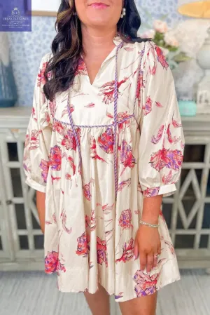 White Floral V-Neck Balloon Sleeve Plus Size Dress
