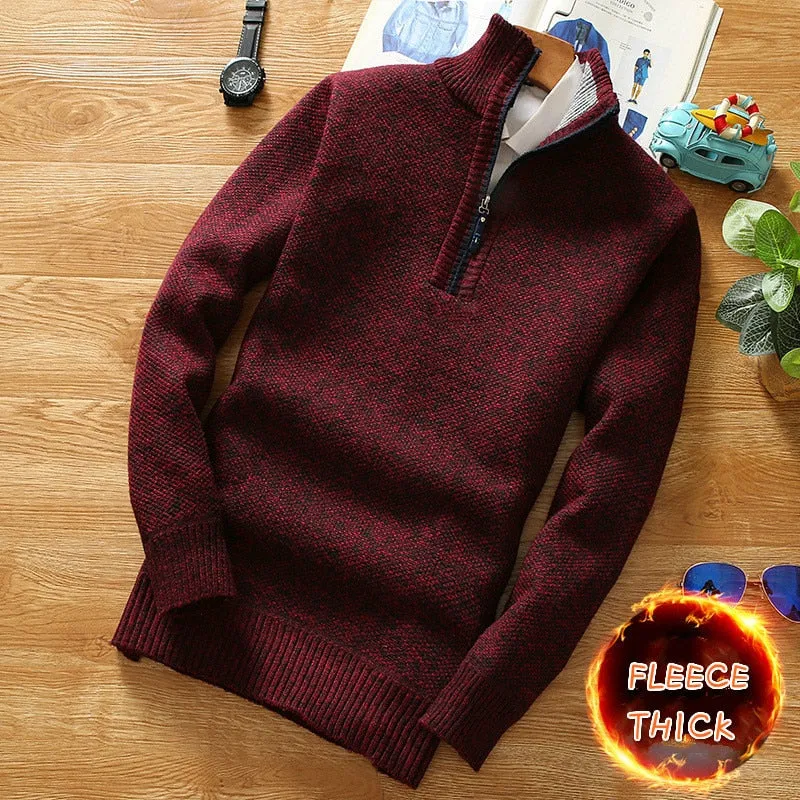 Winter Fleece Thicker Sweater Half Zipper Turtleneck Warm Pullover Quality Male Slim Knitted Wool Sweaters for Spring