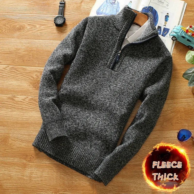 Winter Fleece Thicker Sweater Half Zipper Turtleneck Warm Pullover Quality Male Slim Knitted Wool Sweaters for Spring
