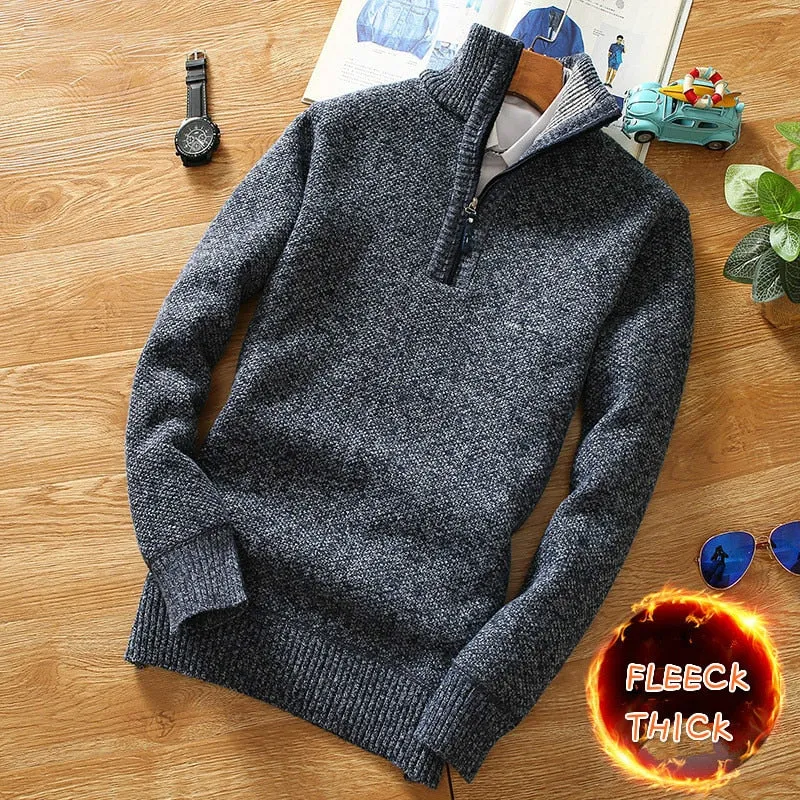 Winter Fleece Thicker Sweater Half Zipper Turtleneck Warm Pullover Quality Male Slim Knitted Wool Sweaters for Spring