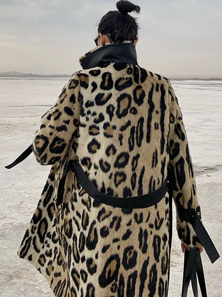 Winter Long Leopard Print Warm Fluffy Faux Fur Trench Coat for Women Long Sleeve Double Breasted Long Coat
