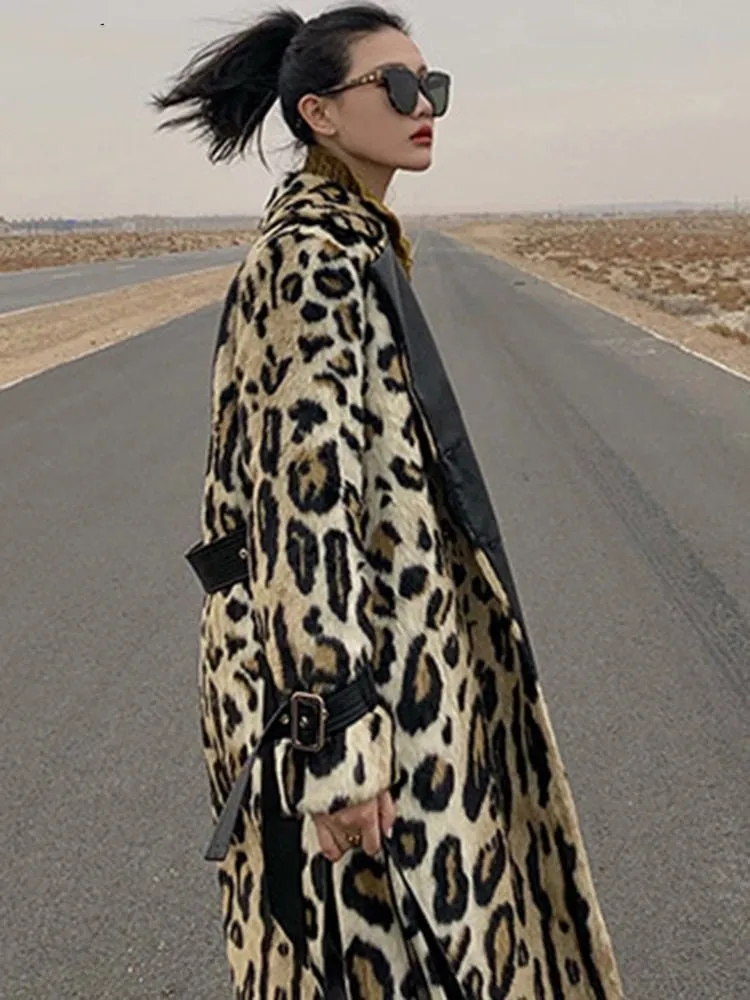 Winter Long Leopard Print Warm Fluffy Faux Fur Trench Coat for Women Long Sleeve Double Breasted Long Coat