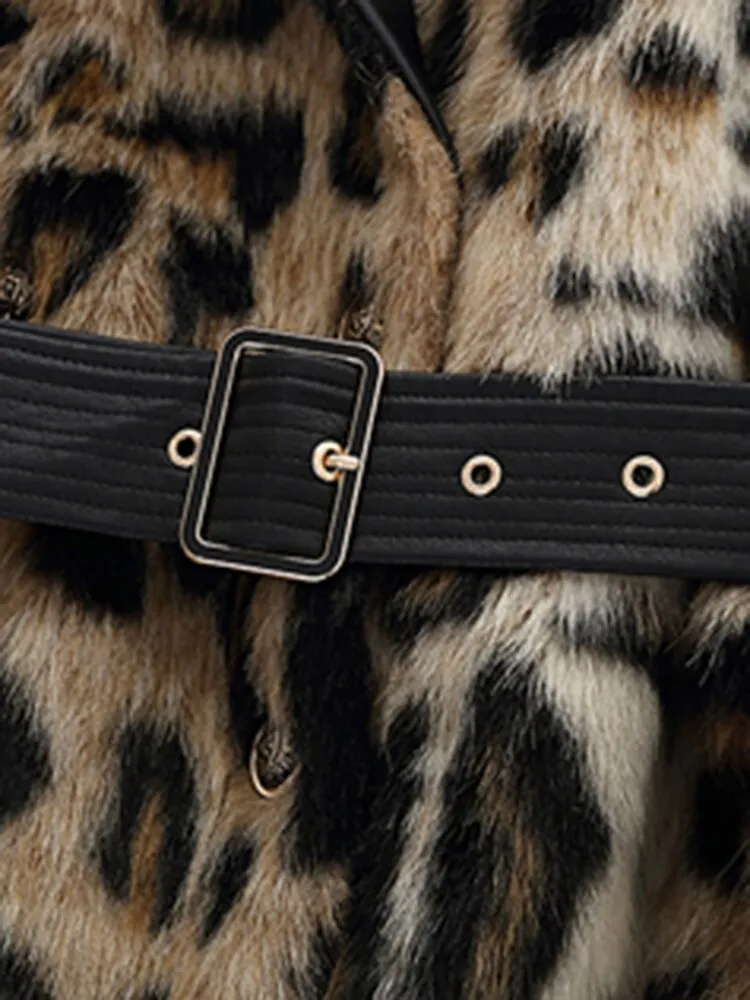 Winter Long Leopard Print Warm Fluffy Faux Fur Trench Coat for Women Long Sleeve Double Breasted Long Coat