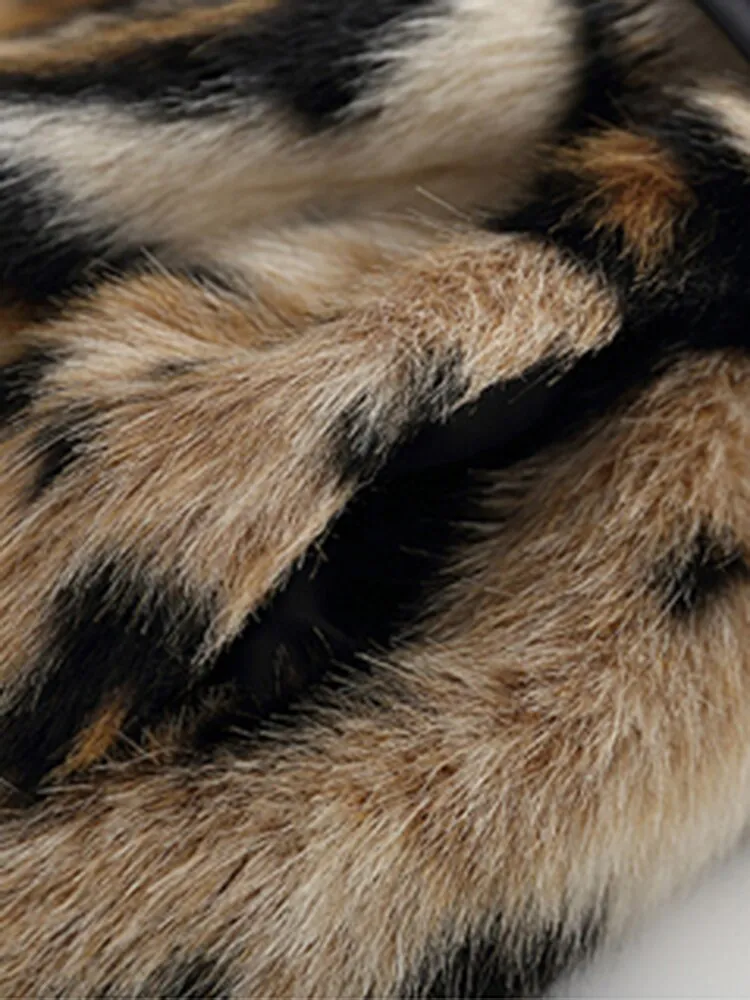 Winter Long Leopard Print Warm Fluffy Faux Fur Trench Coat for Women Long Sleeve Double Breasted Long Coat