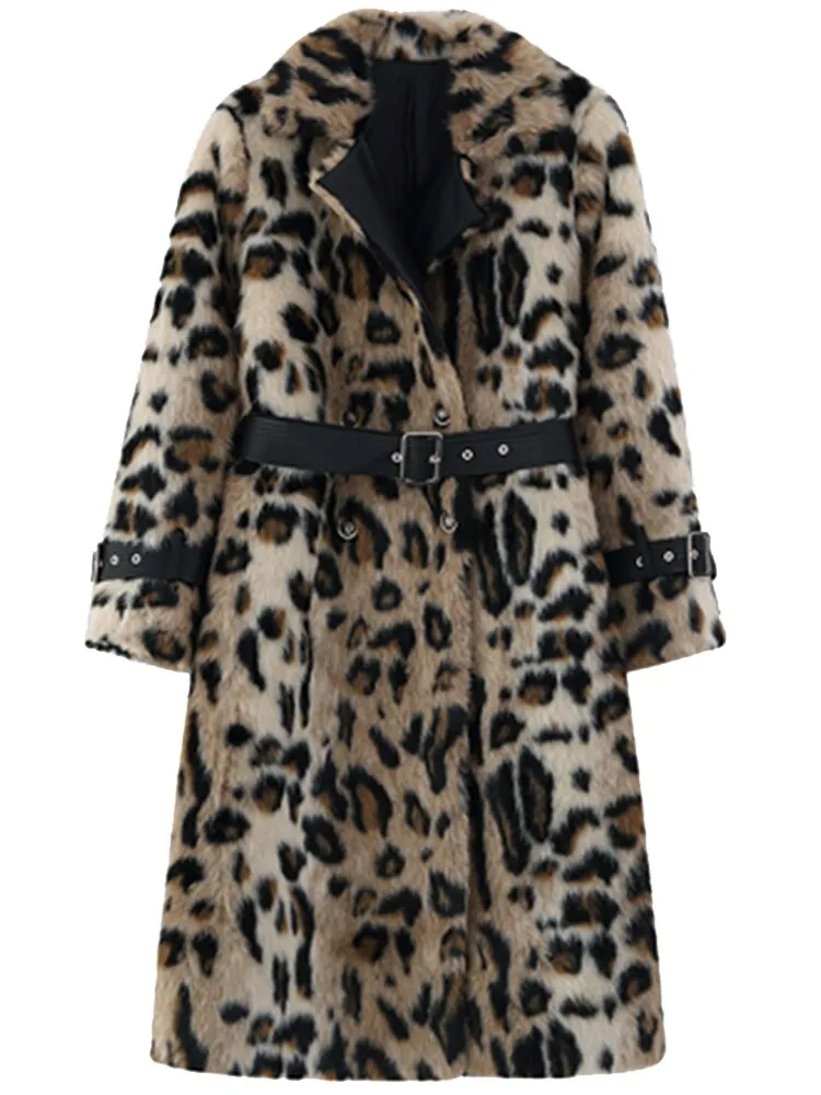 Winter Long Leopard Print Warm Fluffy Faux Fur Trench Coat for Women Long Sleeve Double Breasted Long Coat