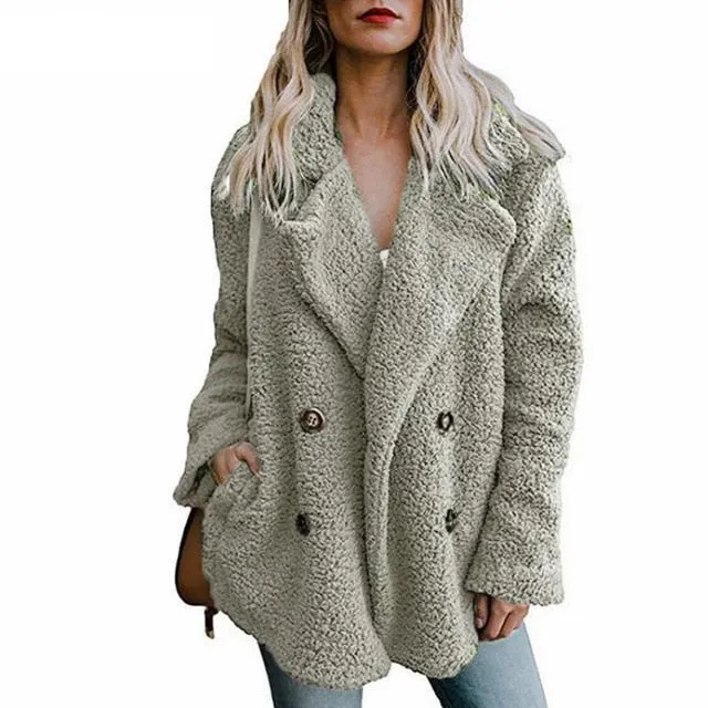 Woman Lapel Faux Lambswool Coats Warm Female Winter Outerwear 5XL