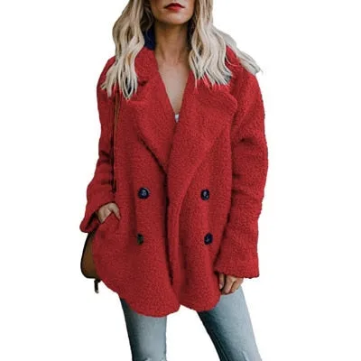 Woman Lapel Faux Lambswool Coats Warm Female Winter Outerwear 5XL
