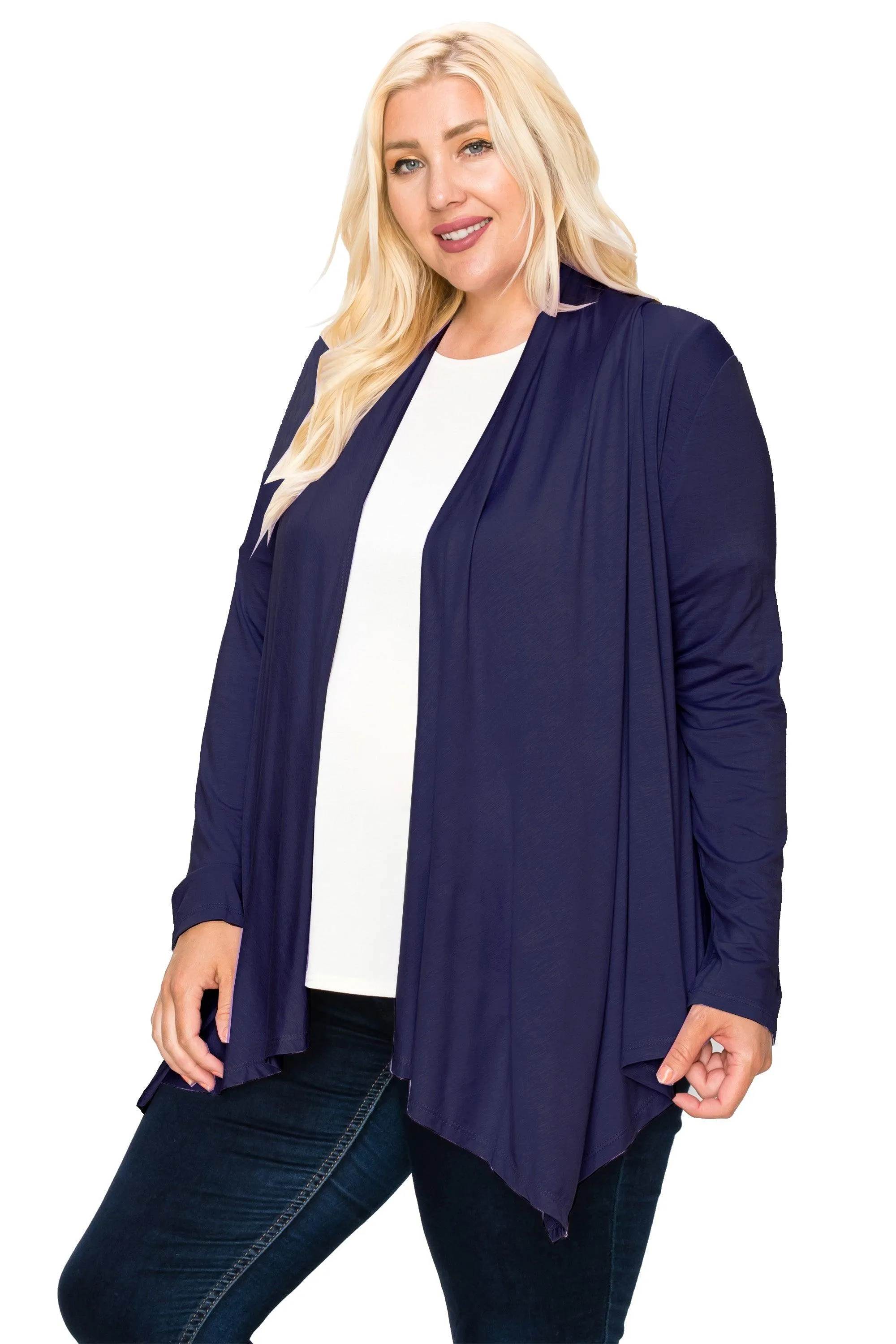 Women's Plus Size Casual Long Sleeve Draped Open Front Solid Cardigan