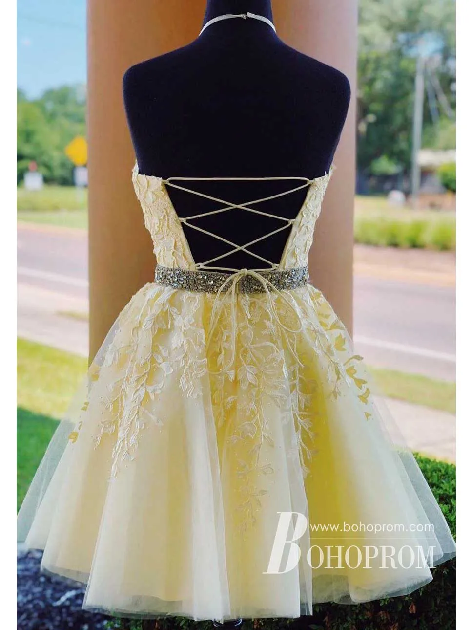 Wonderful Halter A-line Homecoming Dresses Lace Rhinestone Party Gowns HD476