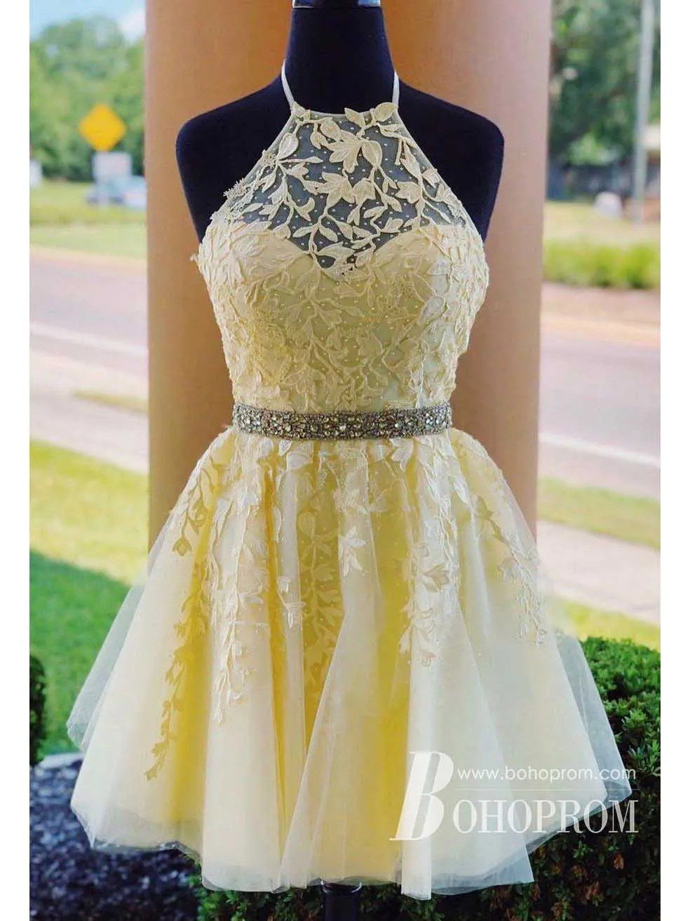 Wonderful Halter A-line Homecoming Dresses Lace Rhinestone Party Gowns HD476