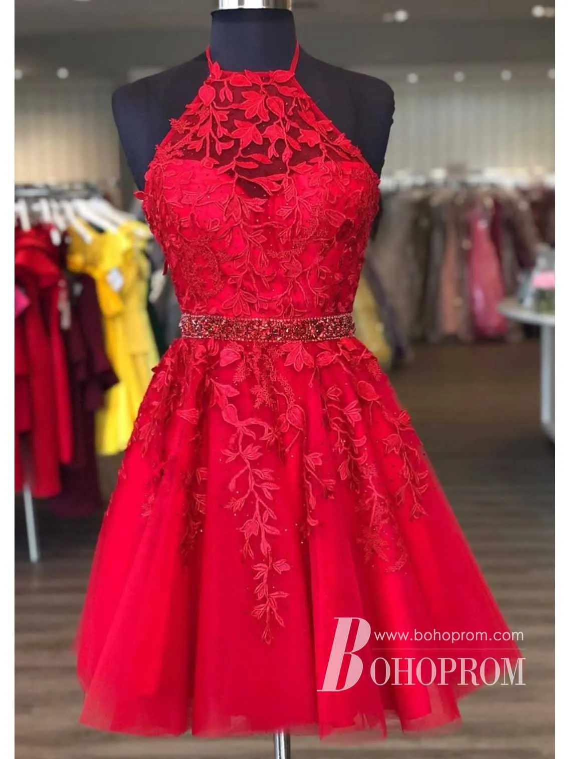 Wonderful Halter A-line Homecoming Dresses Lace Rhinestone Party Gowns HD476
